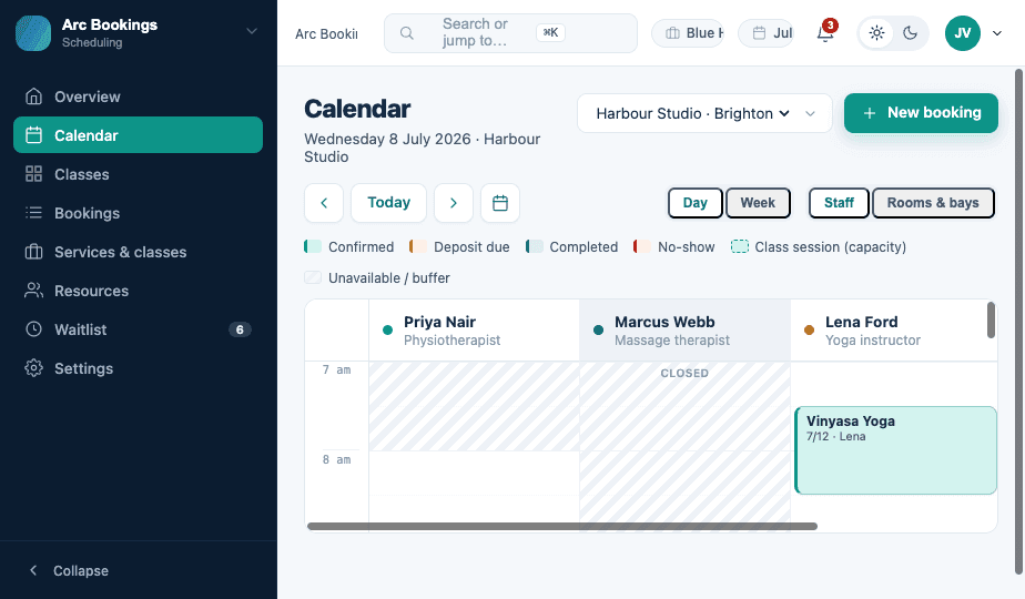 Arc Bookings calendar